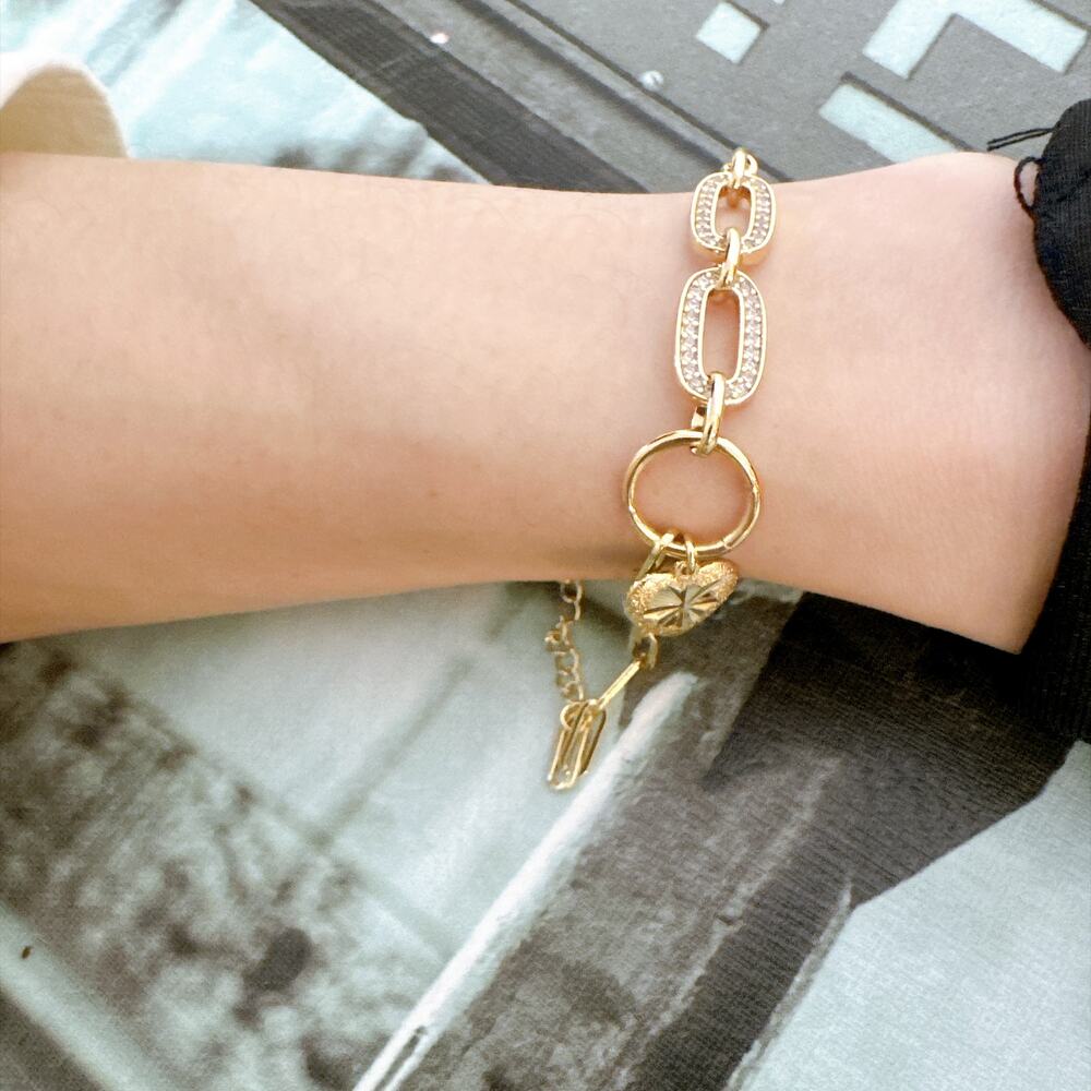 Gold‑Tone Adjustable Mixed Chain Bracelet, Rhinestone Oval Heart Charm Women NWT